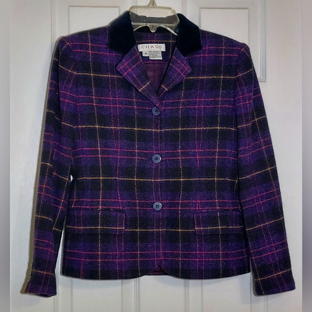 CHAUS | 4P Vintage Y2K Purple/Navy Blue Plaid Wool Blazer w/ Navy Velvet Lapel